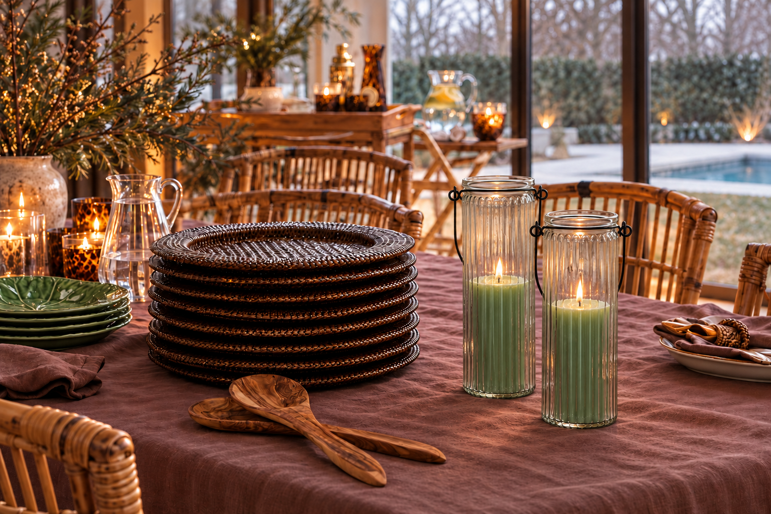 A warmly lit dining table dressed for the festive season, with stacked rattan chargers, ribbed glass lanterns holding sage green candles, and glowing fairy lights in a vase